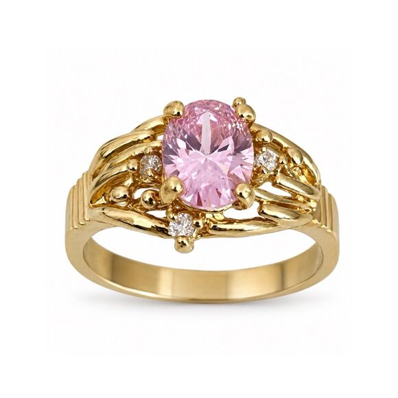 Vintage Jewelry - Vintage 1970s Ring Size 5 Pink CZ Cocktail Gold Plated Band - 14V